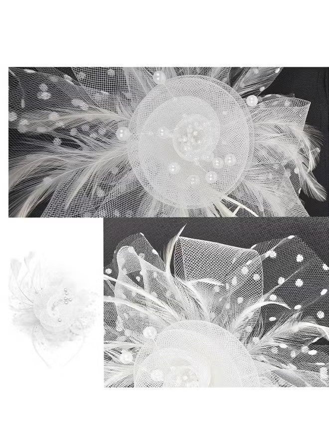 Women's Tea Party Fascinators Mesh Flower-Shaped Pearl Feather Veil Kentucky Derby Fascinator Hats with Headband and Clip - Image 4